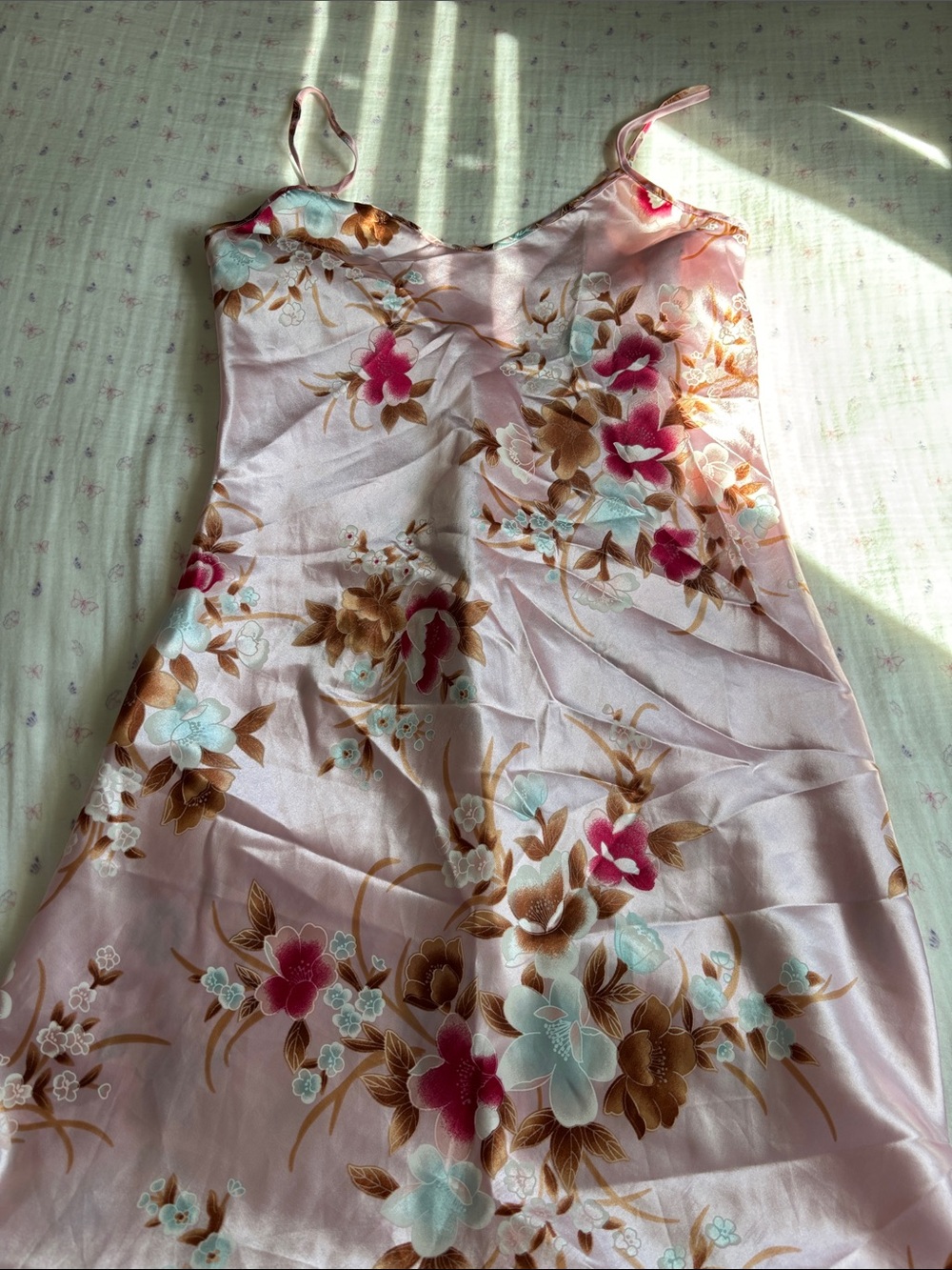 Vintage Floral Satin Slip Dress in Blush Pink